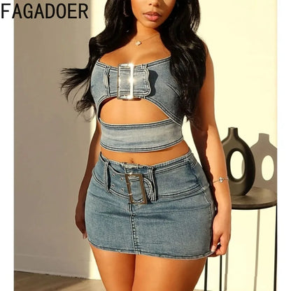 TAMBREET FAGADOER Blue Fashion Hollow Out Elasticity Denim Two Piece Sets Women Thin Strap Sleeveless Tank Top And Skirts Cowboy Outfits