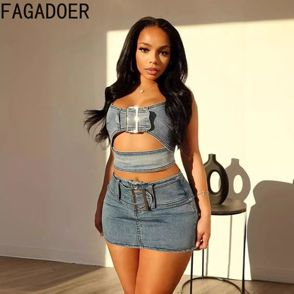 TAMBREET FAGADOER Blue Fashion Hollow Out Elasticity Denim Two Piece Sets Women Thin Strap Sleeveless Tank Top And Skirts Cowboy Outfits