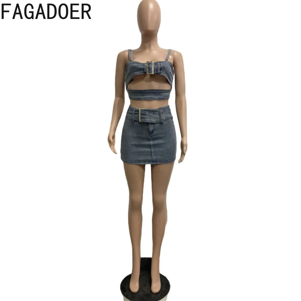 TAMBREET FAGADOER Blue Fashion Hollow Out Elasticity Denim Two Piece Sets Women Thin Strap Sleeveless Tank Top And Skirts Cowboy Outfits