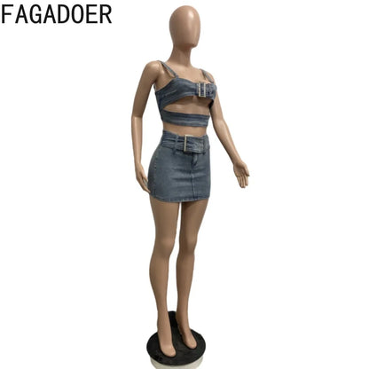 TAMBREET FAGADOER Blue Fashion Hollow Out Elasticity Denim Two Piece Sets Women Thin Strap Sleeveless Tank Top And Skirts Cowboy Outfits