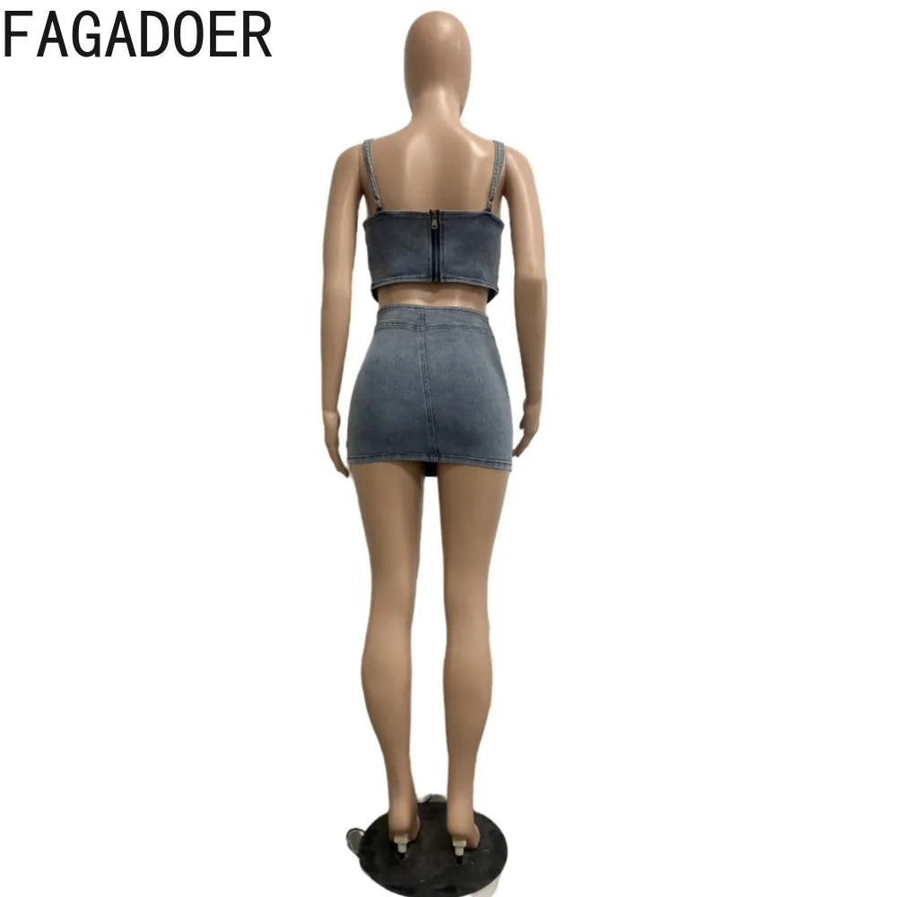 TAMBREET FAGADOER Blue Fashion Hollow Out Elasticity Denim Two Piece Sets Women Thin Strap Sleeveless Tank Top And Skirts Cowboy Outfits