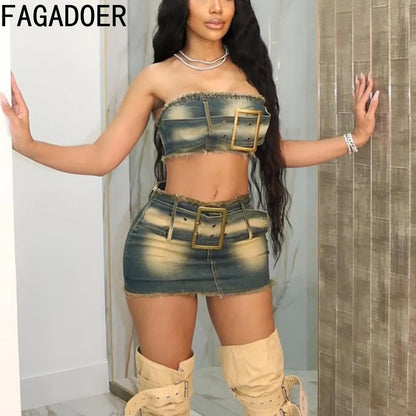 TAMBREET FAGADOER Fashion Retro Distress Y2K Denim Streetwear Women Sleeveless Backless Tube And Belt Mini Skirts Cowboy Two Piece Sets