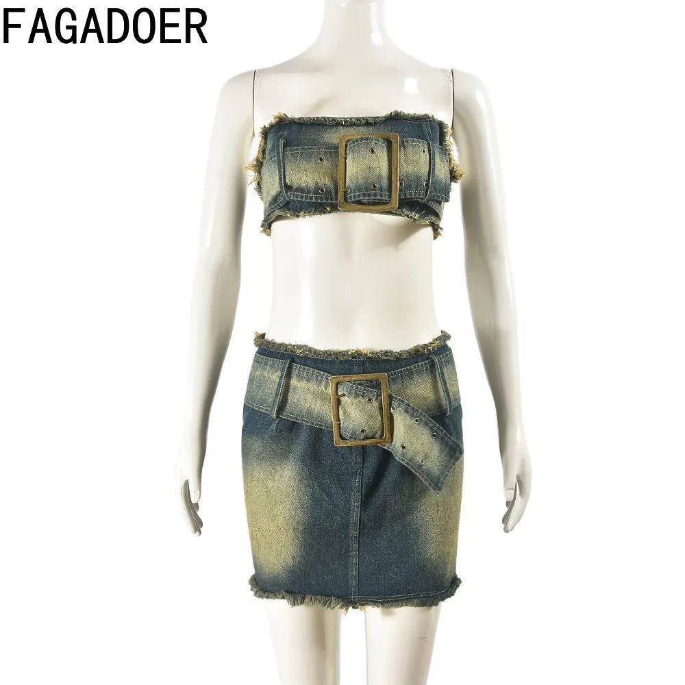 TAMBREET FAGADOER Fashion Retro Distress Y2K Denim Streetwear Women Sleeveless Backless Tube And Belt Mini Skirts Cowboy Two Piece Sets