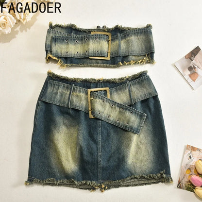 TAMBREET FAGADOER Fashion Retro Distress Y2K Denim Streetwear Women Sleeveless Backless Tube And Belt Mini Skirts Cowboy Two Piece Sets