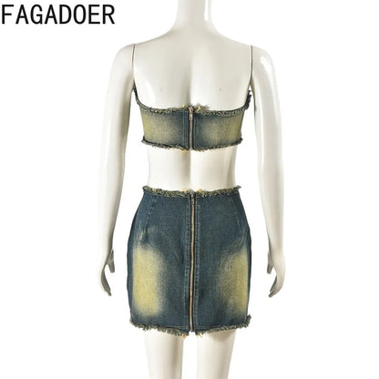 TAMBREET FAGADOER Fashion Retro Distress Y2K Denim Streetwear Women Sleeveless Backless Tube And Belt Mini Skirts Cowboy Two Piece Sets