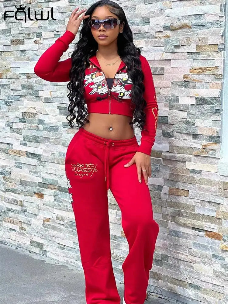 TAMBREET FQLWL Summer Fashion Red Graphic Crop Top Hooded Two Piece Pants Set Street Casual For Woman 2024 Blue Black Bodycon Pants Set