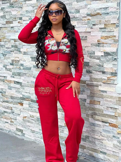 TAMBREET FQLWL Summer Fashion Red Graphic Crop Top Hooded Two Piece Pants Set Street Casual For Woman 2024 Blue Black Bodycon Pants Set