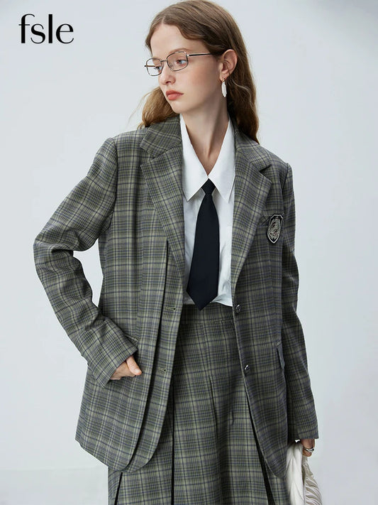 TAMBREET FSLE Blue Grey Temperament Plaid Suit Sets Notched Collar Double Placket Design Stright Blazers Long Pleated A-LINE Women Skirts