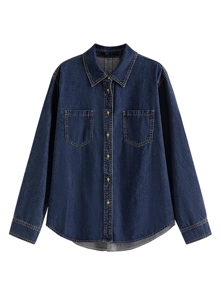 TAMBREET FSLE Deep Blue Soft Denim Shirt Women's Autumn Winter Long Sleeved Retro Casual Layered Shirt Blue Women Tops For Work