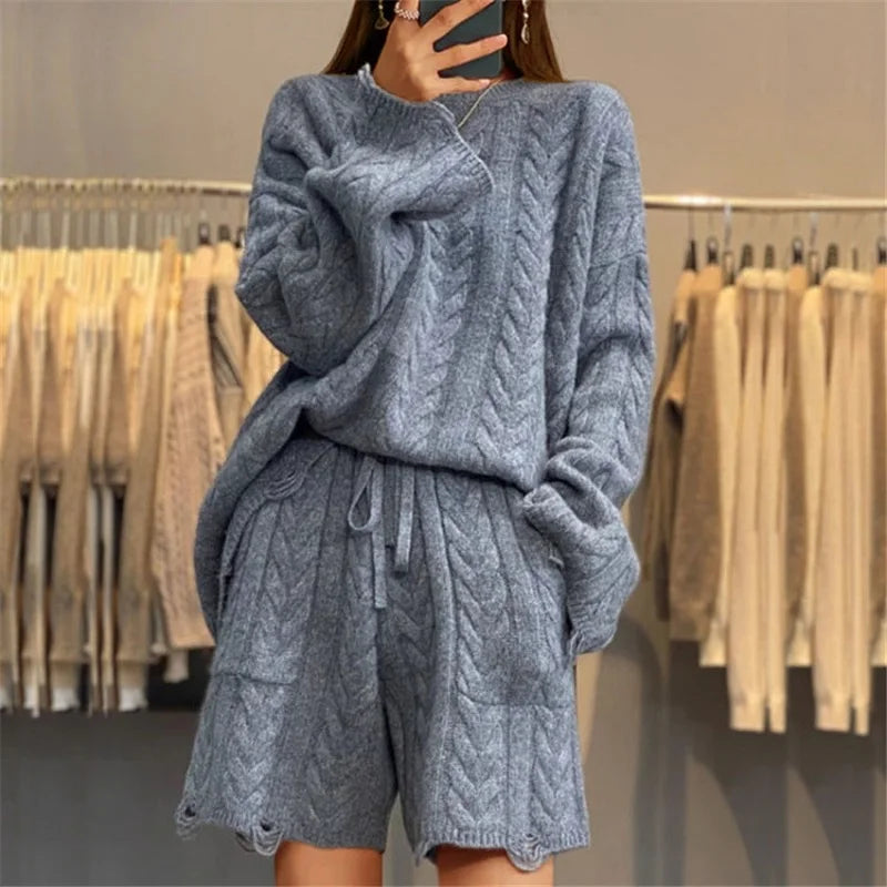 TAMBREET Fall Winter Solid Color Knitted Set Women Casual Round Neck Sweater Pullover & Tie-up Shorts Outfit Retro Long Sleeve Twist Suit