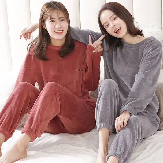 TAMBREET Fall Winter Women's Pajamas Ladies Coral Fleece Warm Padded Loose Home Wear Pajamas Thickened Two-piece Set Outside Large Size