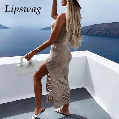 TAMBREET  Fashion Crochet Knitted Two Piece Set Women Casual Sleeveless Tank Tops + Bodycon Slit Skirt Suit Summer Lady Slim Beach Outfits