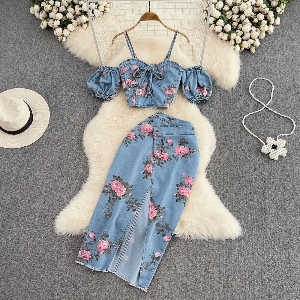 TAMBREET Fashion Floral Print Denim Skirt Set Spaghetti Strap Crop Tops Irregular Slim Split Skirt Summer Women 2Pcs Suits