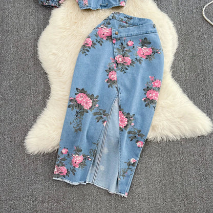 TAMBREET Fashion Floral Print Denim Skirt Set Spaghetti Strap Crop Tops Irregular Slim Split Skirt Summer Women 2Pcs Suits