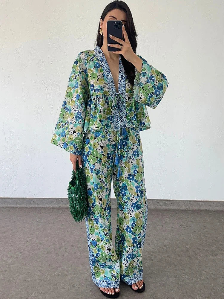 TAMBREET Fashion Floral Printed Long Pant Set for Women Chic Lace Up Long Sleeve Shirt Loose Wide Leg Trousers 2024 Autumn Female Suit