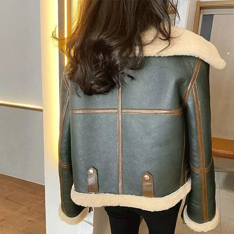 TAMBREET Fashion Green short Jacket Winter Warm Suede Fake Fur Lining Women Coat New 2024 Korean Thick Winter Jacket Female Warm Overcoat