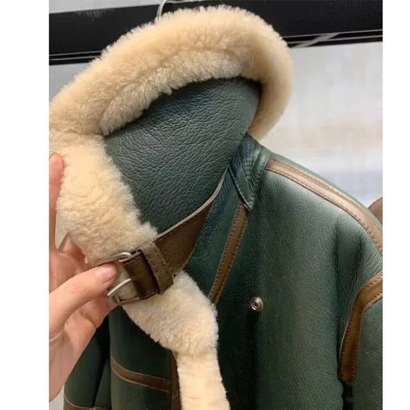 TAMBREET Fashion Green short Jacket Winter Warm Suede Fake Fur Lining Women Coat New 2024 Korean Thick Winter Jacket Female Warm Overcoat