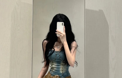 TAMBREET Fashion Heavy Slim Fit Denim Camisole Vest+ Y2k E-Girl High Waist Irregular Ruched Skirts 2024 Spring New Two Piece Sets