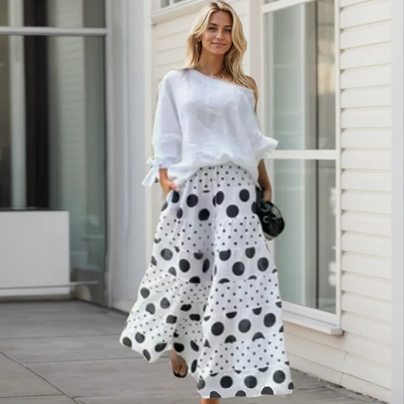 TAMBREET Fashion High Street Outfits Casual Diagonal Neck Hollow Top with Wide Leg Pants Sets Dot Prints Multi-layer Splice Pants Female