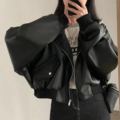 TAMBREET Fashion Hooded Loose Leather Jackets Women Fashion Faux Leather Coats Spring Autumn Korean PU Jackets