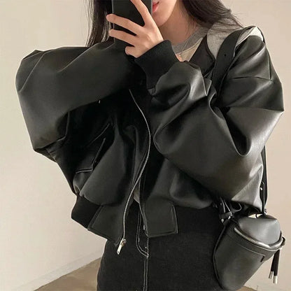 TAMBREET Fashion Hooded Loose Leather Jackets Women Fashion Faux Leather Coats Spring Autumn Korean PU Jackets