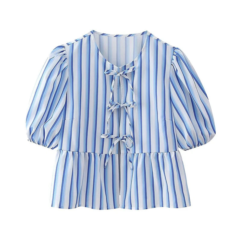 TAMBREET Fashion Lace Up Striped Shirt for Women 2024 Spring Summer Chic Bow O-neck Loose Short Sleeve Shirts Female New Commuter Blouses