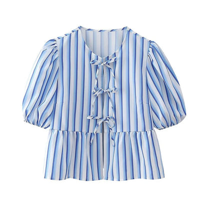 TAMBREET Fashion Lace Up Striped Shirt for Women 2024 Spring Summer Chic Bow O-neck Loose Short Sleeve Shirts Female New Commuter Blouses