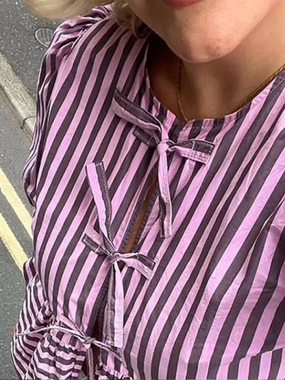 TAMBREET Fashion Lace Up Striped Shirt for Women 2024 Spring Summer Chic Bow O-neck Loose Short Sleeve Shirts Female New Commuter Blouses