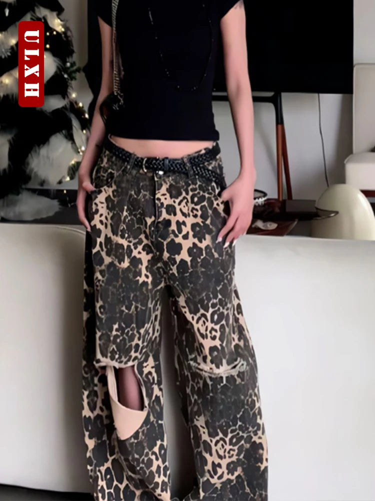 TAMBREET Fashion Leopard Print Korean Style Ripped Hole Baggy Jeans for Women 2024 New Spring Summer Pants Oversized Denim Straight Pants