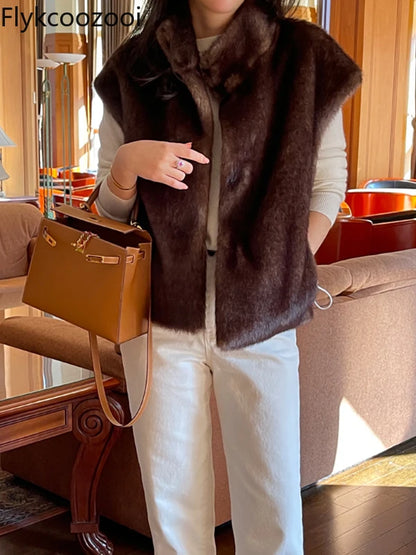 TAMBREET Fashion Luxury Korean Chic Fur Coat with Mink Hair Cardigan Korean Version Vest  Casacos De Inverno Feminino Waistcoat