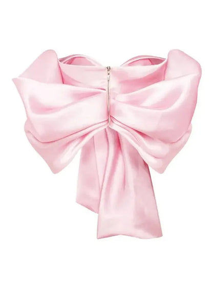 TAMBREET Fashion Pink Bow Satin Irregular Women's Top V-Neck Backless Lady's Short Tops 2024 Spring Summer New Elegant Female Clothes