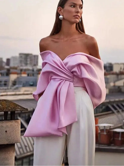 TAMBREET Fashion Pink Bow Satin Irregular Women's Top V-Neck Backless Lady's Short Tops 2024 Spring Summer New Elegant Female Clothes