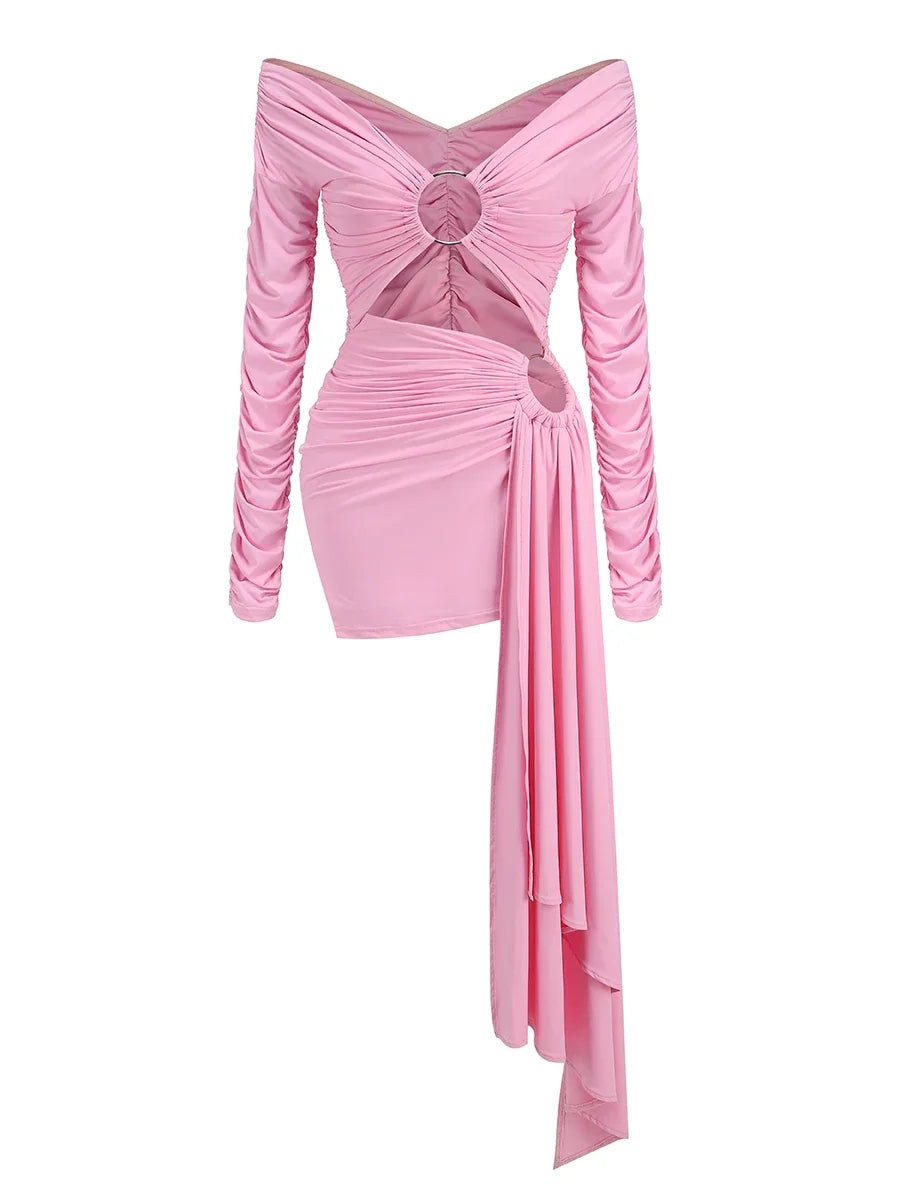 TAMBREET Fashion Pink Prom Gown Birthday Dresses Luxury 2024 Autumn Long Sleeve Party Dress Sexy Hollow Out Evening Gowns Woman Clothes