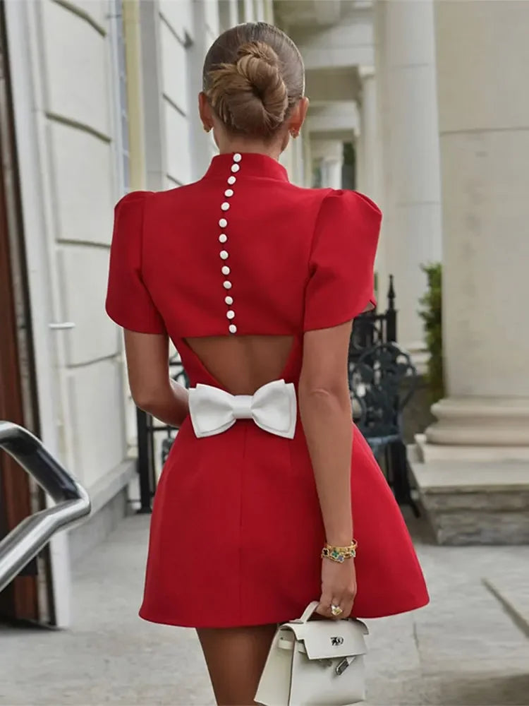 TAMBREET Fashion Red Bow Mini Dress Short Sleeve Women Pad Shoulder Dresses  Backless Hollow Out Ladies Summer Chic A-line Party Vestidos