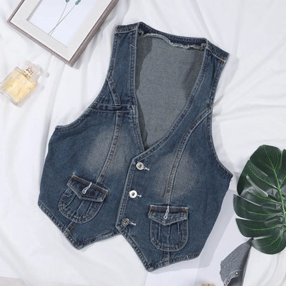 TAMBREET Fashion Retro Y2K Denim Vest V Neck Button Pocket Slim Short Denim Vest Women's Sleeveless Denim Jacket Vest Top Streetwear