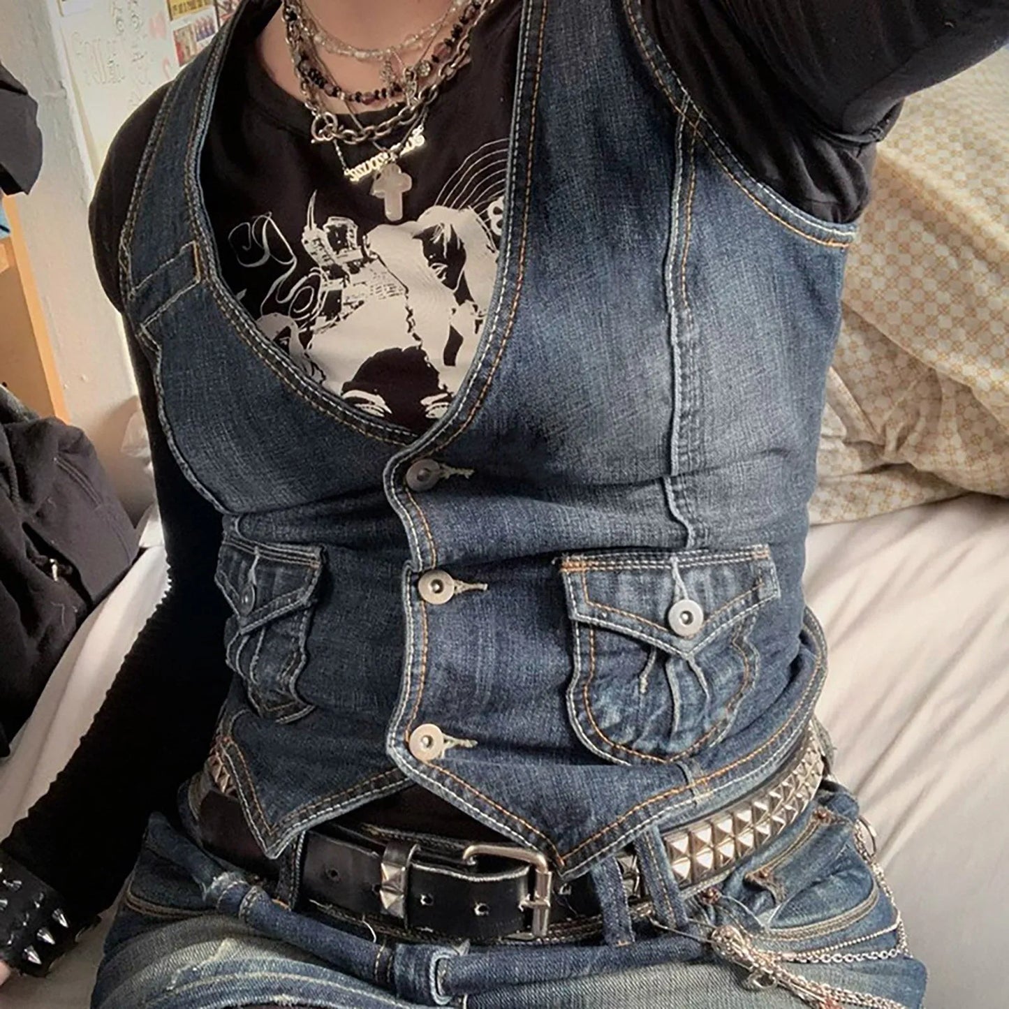 TAMBREET Fashion Retro Y2K Denim Vest V Neck Button Pocket Slim Short Denim Vest Women's Sleeveless Denim Jacket Vest Top Streetwear