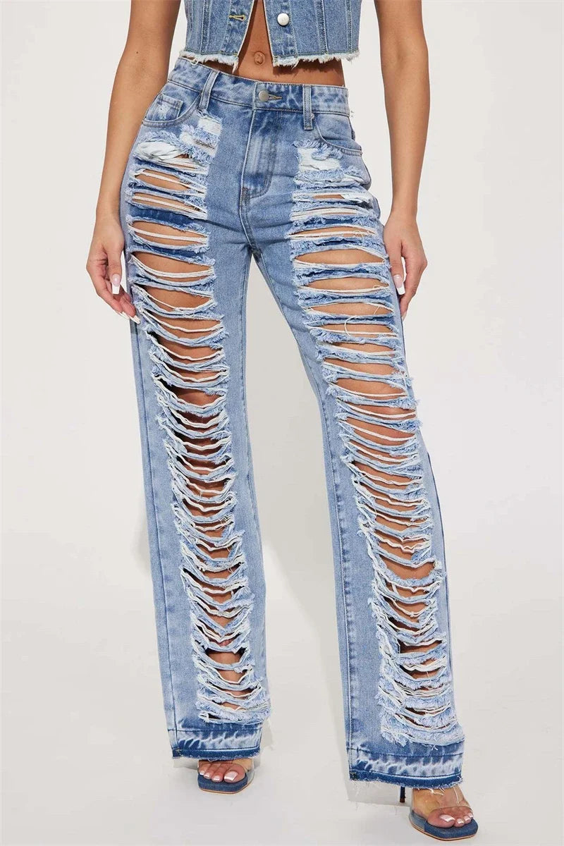 TAMBREET Fashion Ripped Jeans Summer Clothes Women 2024 High Waist Broken Holes Denim Trousers Streetwear Cutout Straight Leg Jean Pants