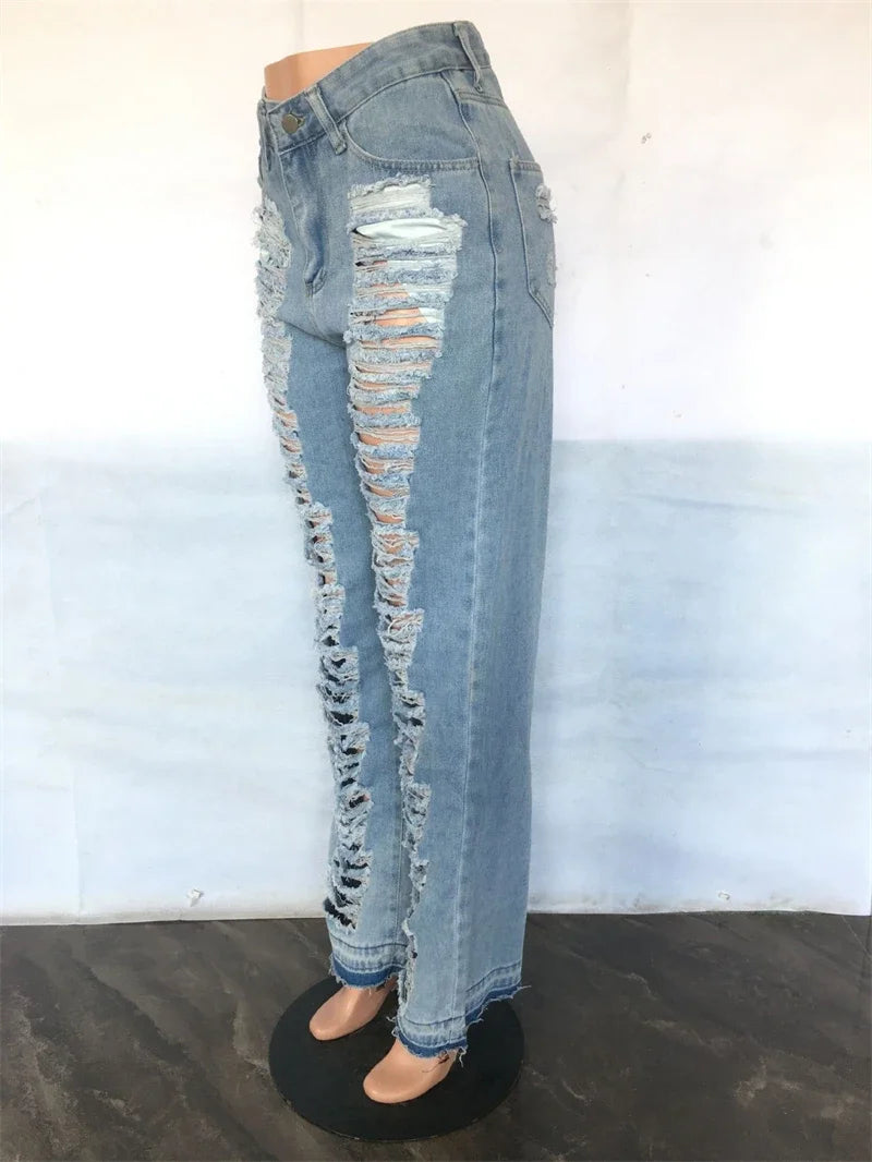 TAMBREET Fashion Ripped Jeans Summer Clothes Women 2024 High Waist Broken Holes Denim Trousers Streetwear Cutout Straight Leg Jean Pants