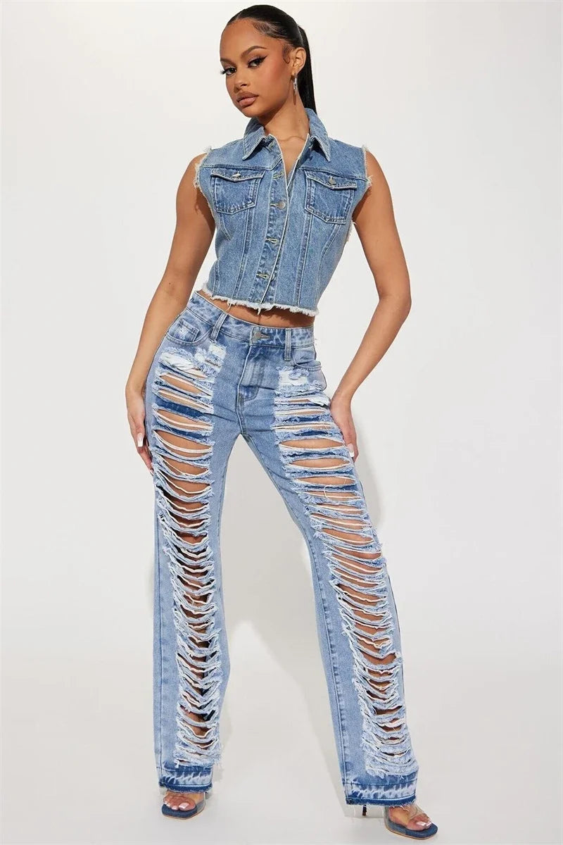 TAMBREET Fashion Ripped Jeans Summer Clothes Women 2024 High Waist Broken Holes Denim Trousers Streetwear Cutout Straight Leg Jean Pants