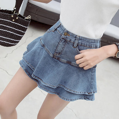 TAMBREET  Fashion Ruffles Denim Skirts Summer Women High Waist Lined Jean Mini Skirts Casual Solid Korean Girls Skirts