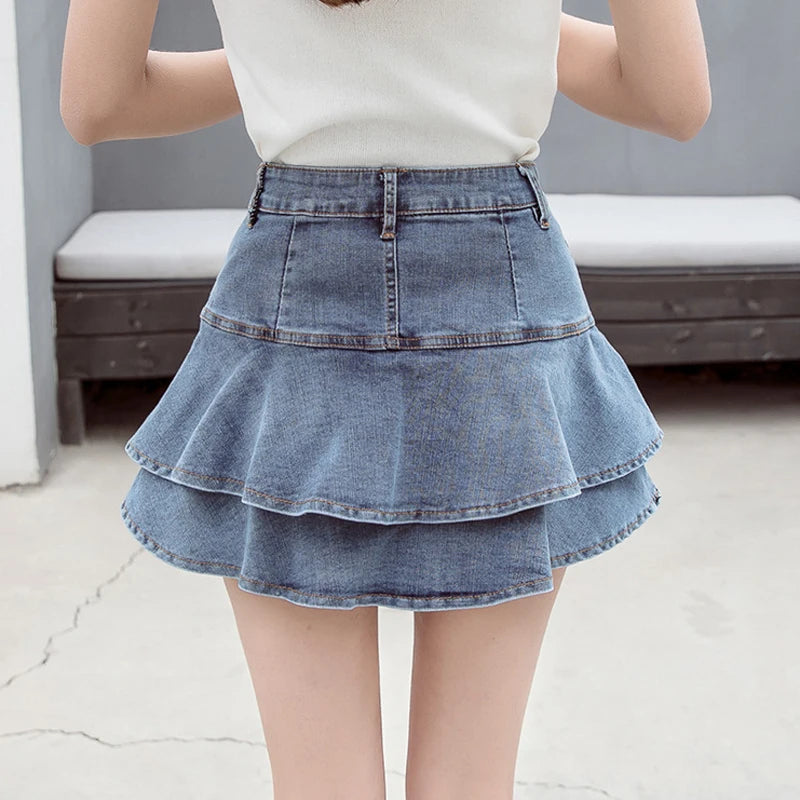 TAMBREET  Fashion Ruffles Denim Skirts Summer Women High Waist Lined Jean Mini Skirts Casual Solid Korean Girls Skirts