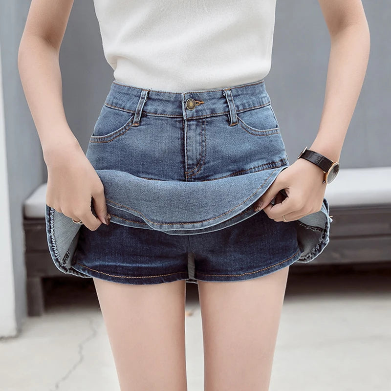 TAMBREET  Fashion Ruffles Denim Skirts Summer Women High Waist Lined Jean Mini Skirts Casual Solid Korean Girls Skirts