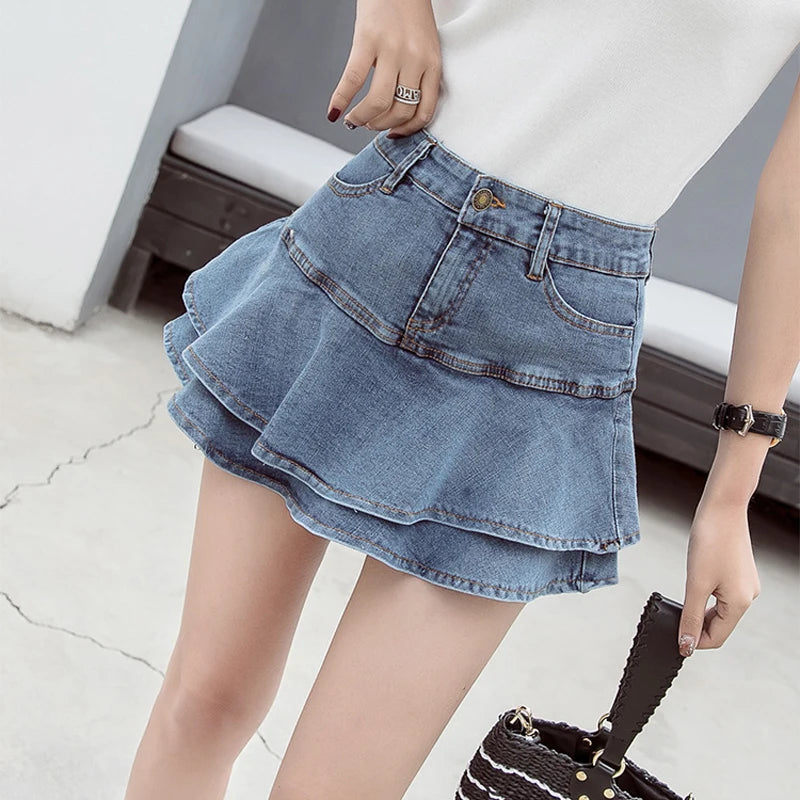 TAMBREET  Fashion Ruffles Denim Skirts Summer Women High Waist Lined Jean Mini Skirts Casual Solid Korean Girls Skirts