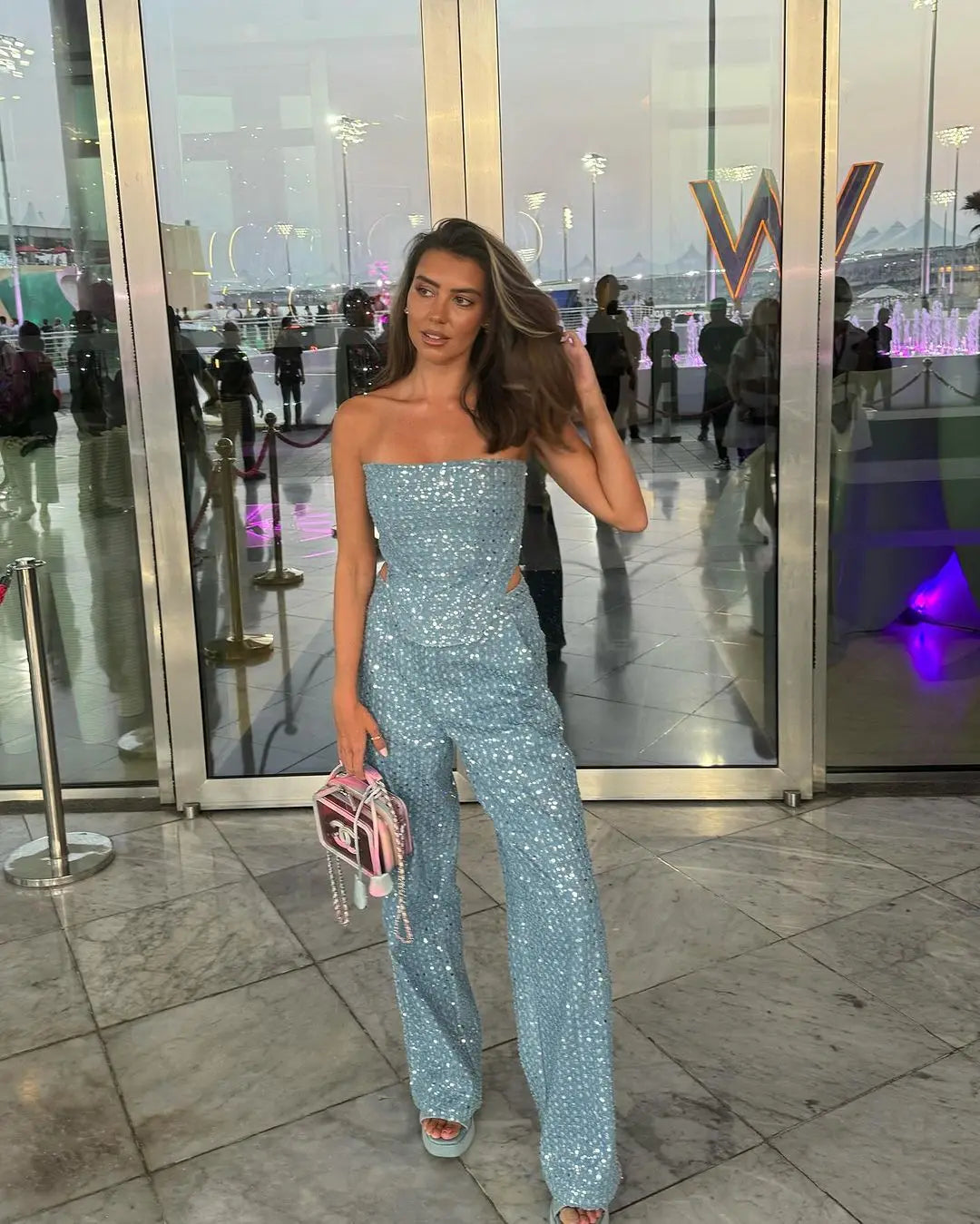 TAMBREET Fashion Sequins Denim Set Women Strapless Tunic Waist Crop Top and Wide Leg Pant Suit 2024 New 2 Piece Sets Outfits Tracksuit