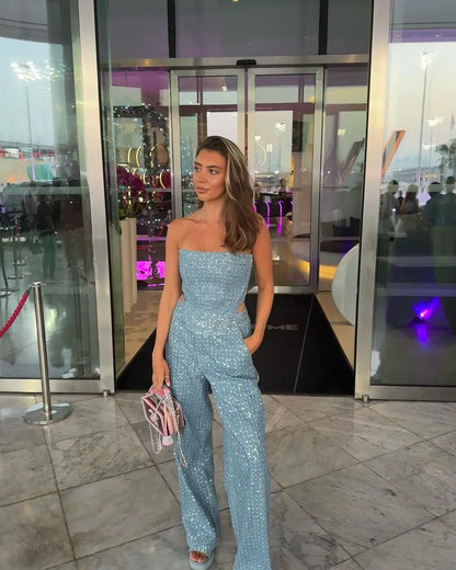 TAMBREET Fashion Sequins Denim Set Women Strapless Tunic Waist Crop Top and Wide Leg Pant Suit 2024 New 2 Piece Sets Outfits Tracksuit