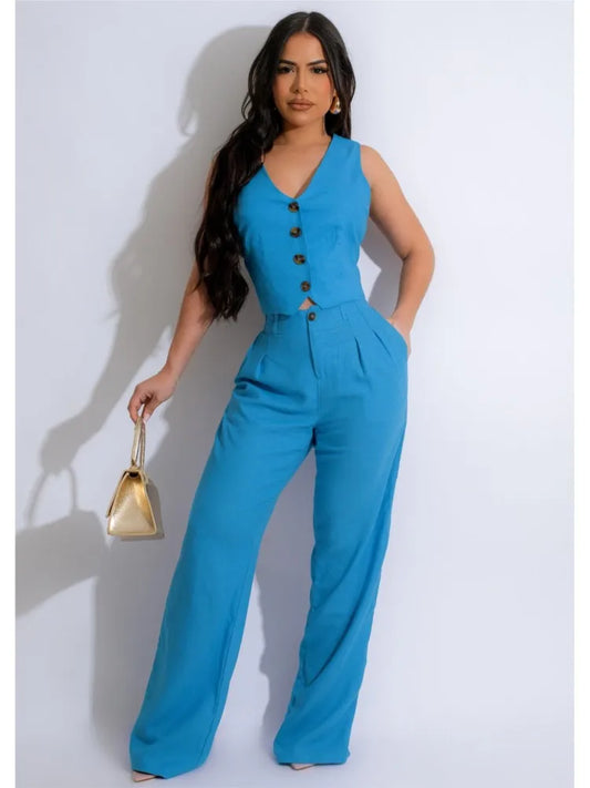 TAMBREET Fashion Sleeveless Vest Pants Women Solid Color Suit Spring Summer V Neck Ultra Short Top + Slim Pants Female Office 2 Piece Set