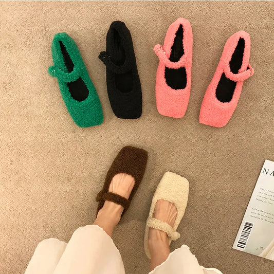 TAMBREET Fashion Square Toe Lambswool Ballet Flats Woman Winter Warm Plush Loafers Ladies Brand Design Teddy Fur Mary Jane Shoes in Pink