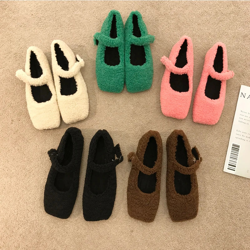 TAMBREET Fashion Square Toe Lambswool Ballet Flats Woman Winter Warm Plush Loafers Ladies Brand Design Teddy Fur Mary Jane Shoes in Pink