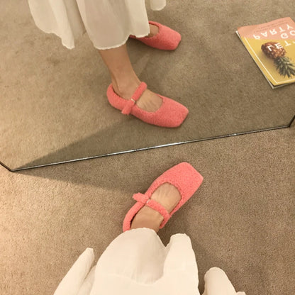 TAMBREET Fashion Square Toe Lambswool Ballet Flats Woman Winter Warm Plush Loafers Ladies Brand Design Teddy Fur Mary Jane Shoes in Pink