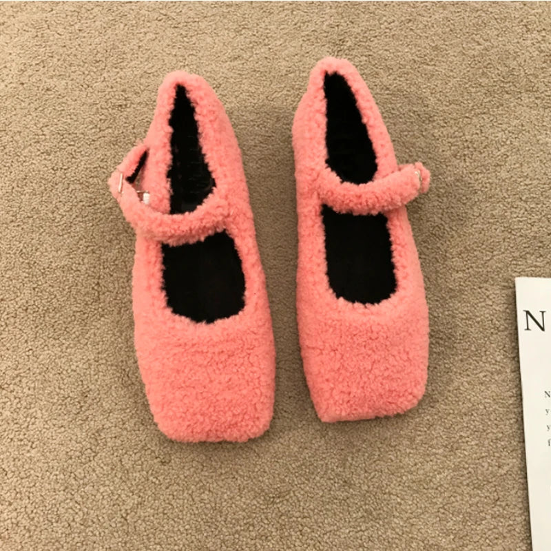 TAMBREET Fashion Square Toe Lambswool Ballet Flats Woman Winter Warm Plush Loafers Ladies Brand Design Teddy Fur Mary Jane Shoes in Pink